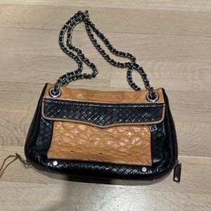 Rebecca MINKOFF Black and Tan Woven Chain Strap Bag
